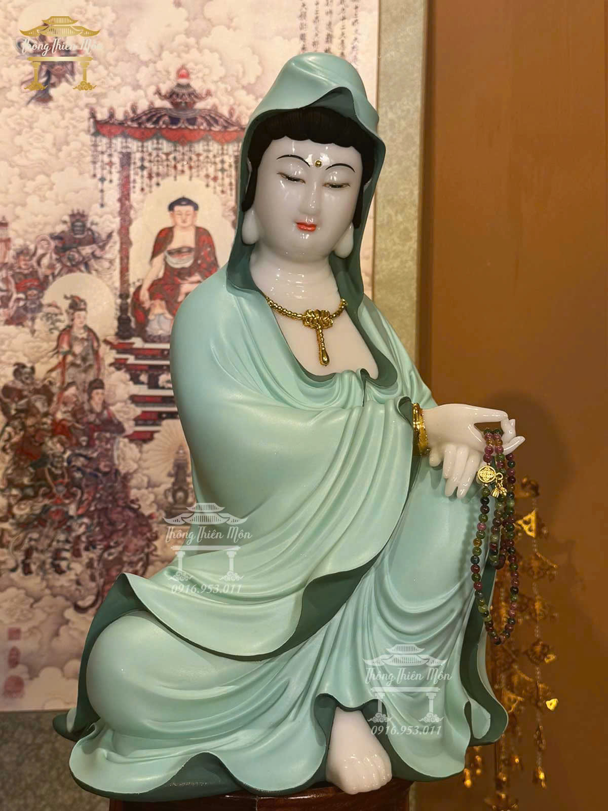 Tôn tượng Quan Âm Tự Tại, Kích thước 40cm, Chất liệu Bột ngọc