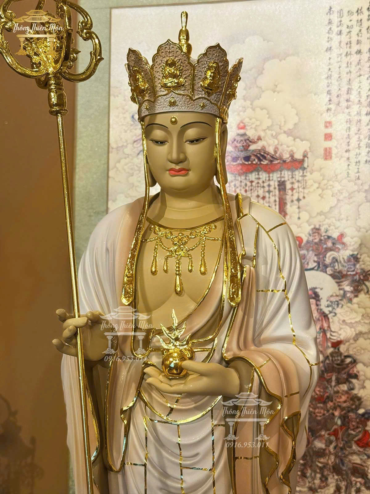 Tôn tượng Địa Tạng đứng, Kích thước 90cm, Màu khoáng nâu