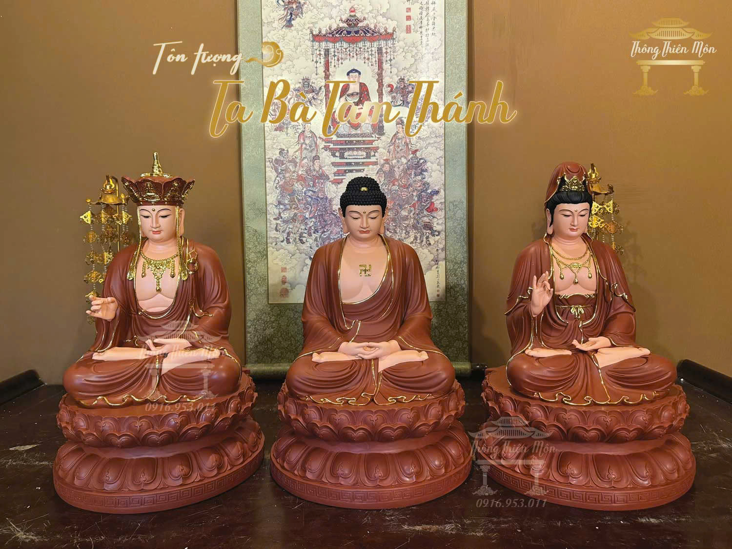 Tôn tượng Ta Bà Tam Thánh, kích thước 50cm, màu gốm