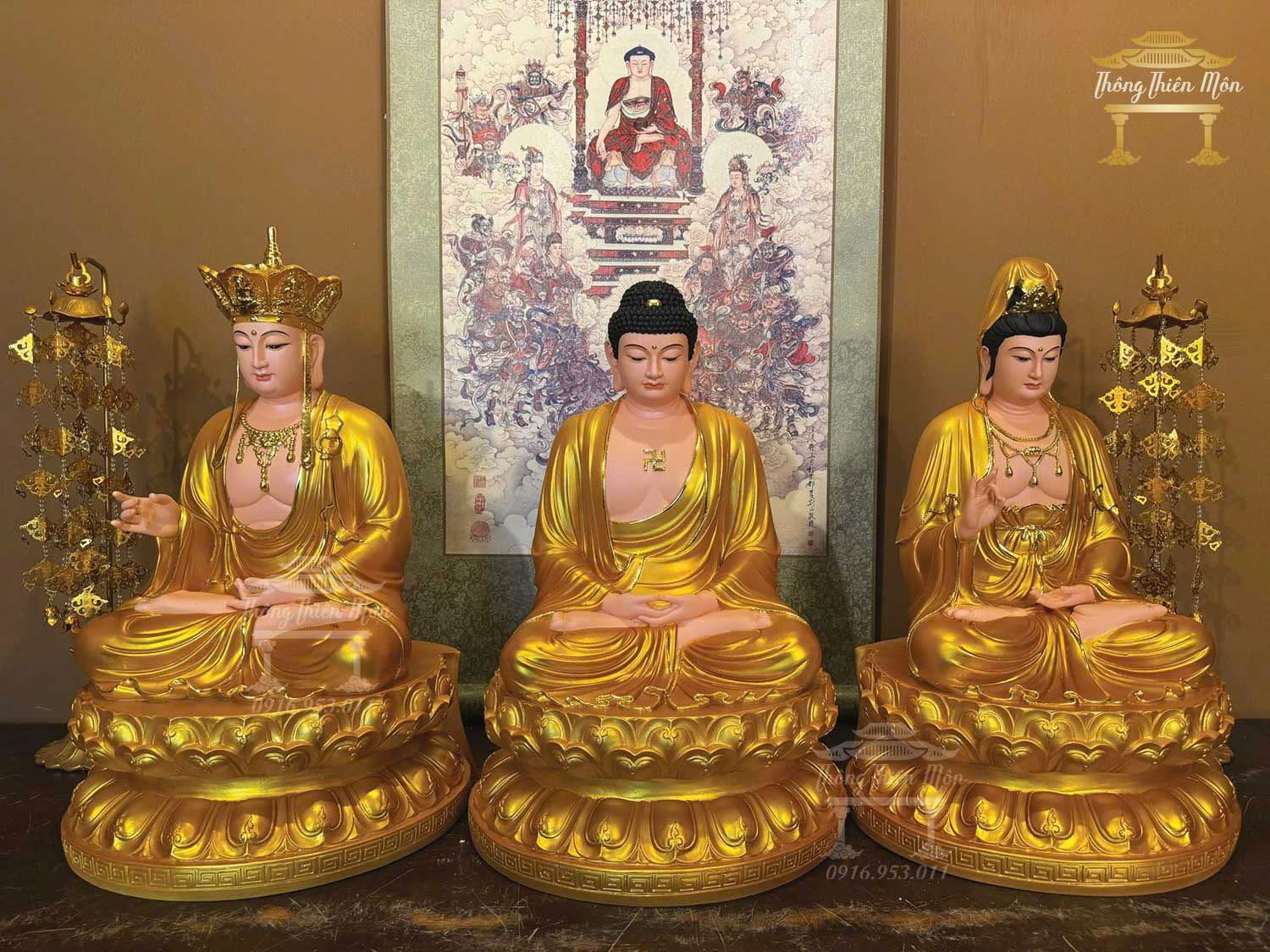 Tôn tượng Ta Bà Tam Thánh, kích thước 50cm, màu vàng