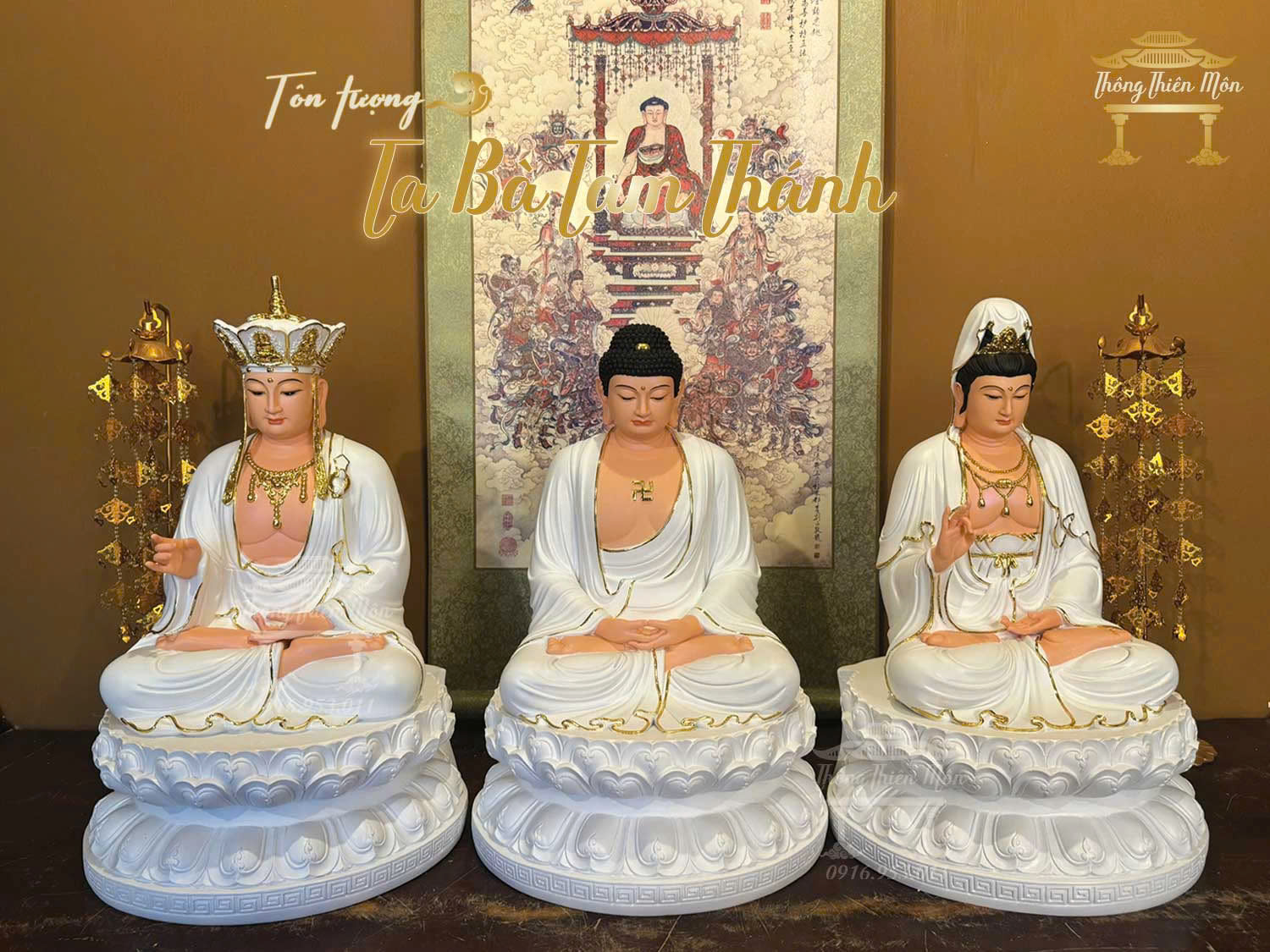 Tôn tượng Ta Bà Tam Thánh,Kích thước 50cm, Màu trắng