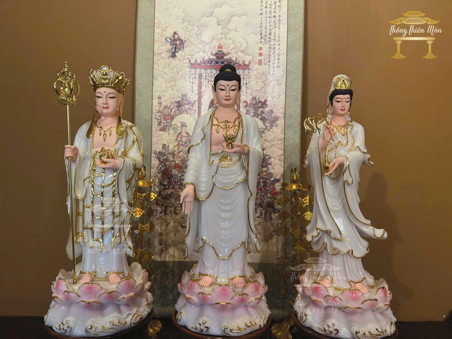 Tôn tượng Tây Phương Tam Thánh, Chất liệu Bột ngọc sen hồng, Kích thước 50cm