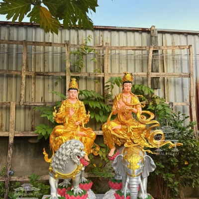 Tôn tượng Văn Thù - Phổ Hiền Bồ Tát, Kích thước 100cm, Nhũ vàng