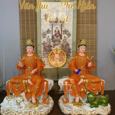 Tôn tượng Văn Thù - Phổ Hiền Bồ Tát, Kích thước 68cm, Màu cam