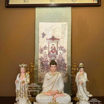 Tôn tượng Ta Bà Tam Thánh Bột Bạch Ngọc, Kích thước 50cm