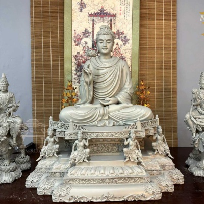 Tôn tượng Hoa Nghiêm Tam Thánh, Kích thước 50cm-75cm-50cm, Màu xám xi măng