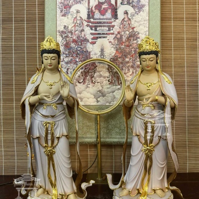 Tôn tượng Nhật Quang - Nguyệt Quang Bồ Tát, Kích thước 55cm, Màu khoáng viền vàng