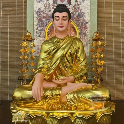 Tôn tượng Bổn Sư Thích Ca Ân Địa Xúc, đế sen 1 tầng, Mạ vàng, Kích thước 60cm