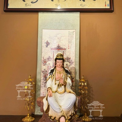 Tôn tượng Quan Âm Tự Tại, Kích thước 68cm, Trắng tà vàng