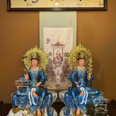 Tôn tượng Văn Thù - Phổ Hiền ngồi đá, Kích thước 73cm, Phối màu xanh dương