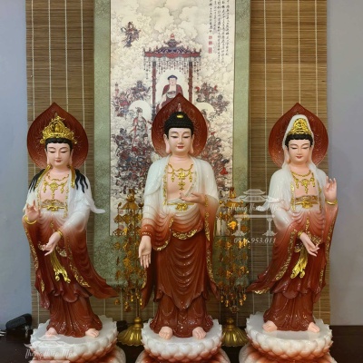 Tôn tượng Tây Phương Tam Thánh, Chât liệu Bột ngọc, Kích thước 70cm, Phối màu đỏ