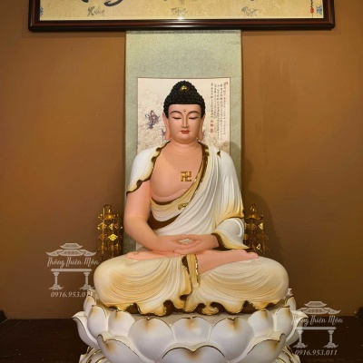 Tôn tượng A Di Đà ngồi, Kích thước 90cm, Màu trắng tà vàng