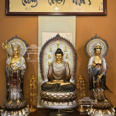 Tôn tượng Ta Bà Tam Thánh, Kích thước 100cm-90cm-100cm, Phối màu bạc