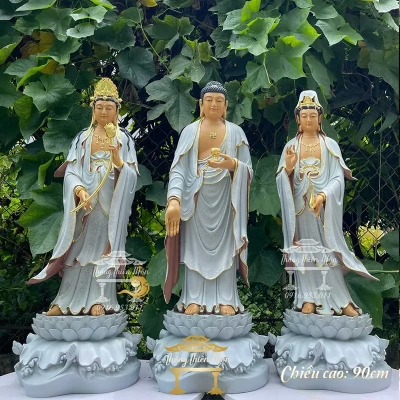 Tôn tượng Tây Phương Tam Thánh - Cao 90cm - Màu xám độc quyền - Đường viền mạ vàng