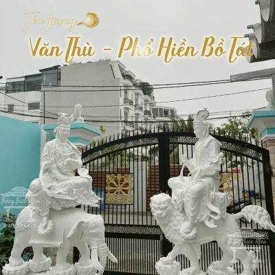 Tượng Văn Thù - Phổ Hiền Bồ Tát, Màu trắng ngọc trai, kích thước 150cm
