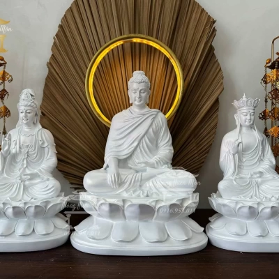 Tôn tượng Ta Bà Tam Thánh - Kích thước 30-32-30cm - Trắng ngọc trai