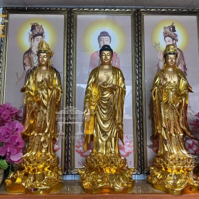 Tôn tượng Tây Phương Tam Thánh, Kích thước 90cm, Mạ vàng - sơn da giả đồng