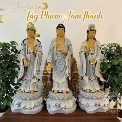 Tôn tượng Tây Phương Tam Thánh - Kích thước 90cm - Màu xám - đường viền nhũ vàng