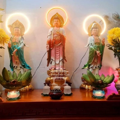 Tôn tượng Tây Phương Tam Thánh - Kích thước 70cm - Sơn phối màu, kết hợp mạ vàng