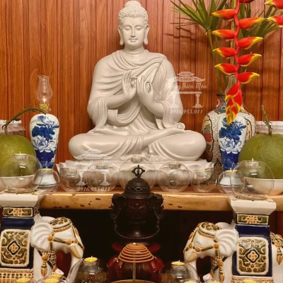 Tượng Thích Ca Chuyển Pháp Luân, 70cm, Đế sen 1 tầng, sơn 1 màu