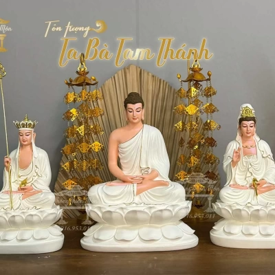 Tượng Ta Bà Tam Thánh - Kích thước 30cm - Sơn trắng, viền vàng, vẽ diện