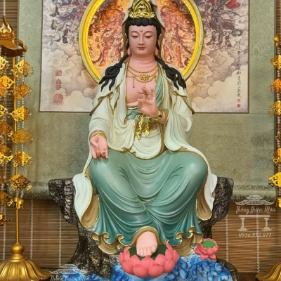 Tôn tượng Quan Âm Tự Tại Bồ Tát, Kích thước 45cm, Sơn phối xanh