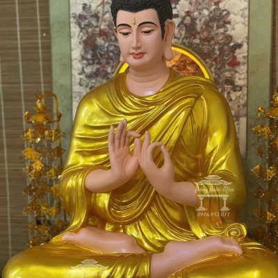 Tôn tượng Bổn Sư Thích Ca Ấn Chuyển Pháp Luân, Màu vàng nhũ, kích thước 70cm