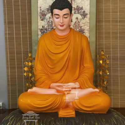 Tôn tượng Bổn Sư Thiền Định, Kích thước 85cm. Màu cam tươi, đế rơm nâu đồng