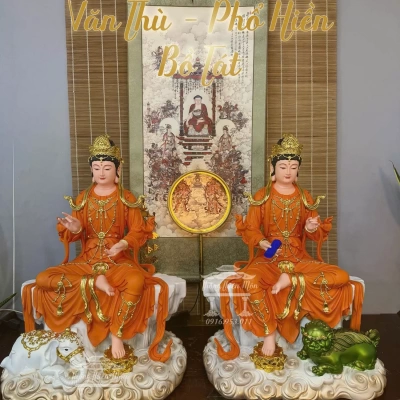 Tôn tượng Văn Thù - Phổ Hiền Bồ Tát, Kích thước 68cm, Màu cam