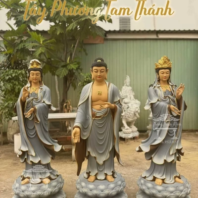 Tôn tượng Tây Phương Tam Thánh, Kích thước 120cm, Sơn khoáng viền vàng