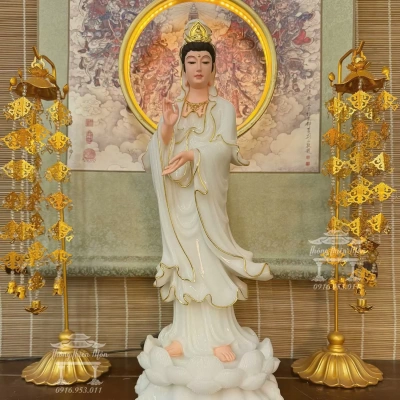 Tôn tượng Quan Âm dáng đứng, Kích thước 50cm, Chất liệu Bột đá Bạch Ngọc