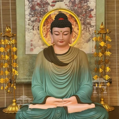 Kim thân tôn tượng Bổn Sư Thiền Định, Kích thước 52cm, Màu xanh