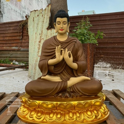 Tôn tượng Bổn Sư Thích Ca Ấn Chuyển Pháp Luân - Kích thước 70cm - Y nâu, đế sen vàng nhũ