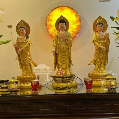 Tượng Tây Phương Tam Thánh, kích thước 70cm, màu vàng nhũ