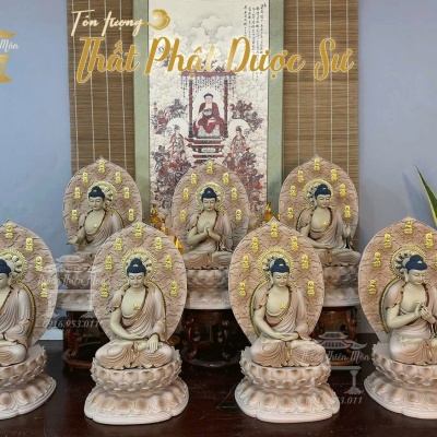 Tôn tượng Thất Phật Dược Sư, Kích thước 45cm, sơn khoáng viền vàng