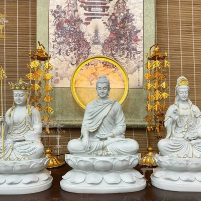 Tôn tượng Ta Bà Tam Thánh, Kích thước 30 - 32 - 30cm, Màu xám xi măng viền vàng áo