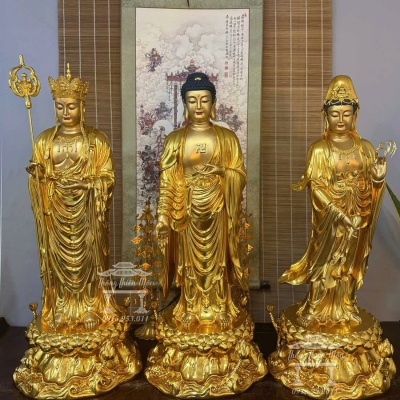 Tôn tượng Ta Bà Tam Thánh, Mạ Vàng, Da hồng, Kích thước 90cm