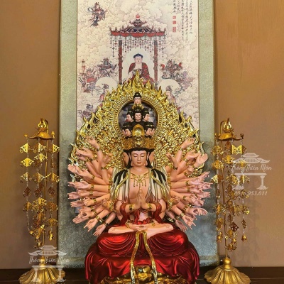 Tôn tượng Thiên Thủ Thiên Nhãn, Kích thước 60cm, Phối đỏ