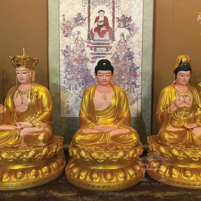 Tôn tượng Ta Bà Tam Thánh, kích thước 50cm, màu vàng
