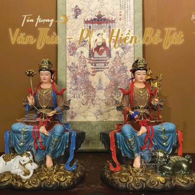 Tôn tượng Văn Thù - Phổ Hiền ngồi đá, Kích thước 48cm, Màu khoáng nâu, Viền vàng